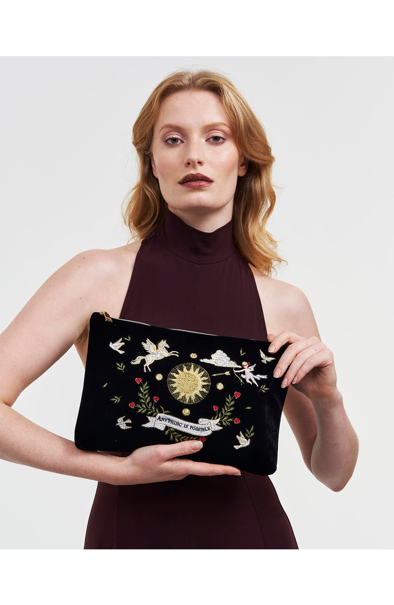 Fable England Celestial Velvet Embroidered Pouch, Alternate, color, Black