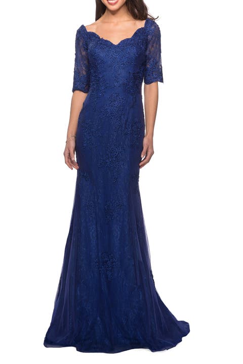 Floor Length Lace Dress with Rhinestone Accents