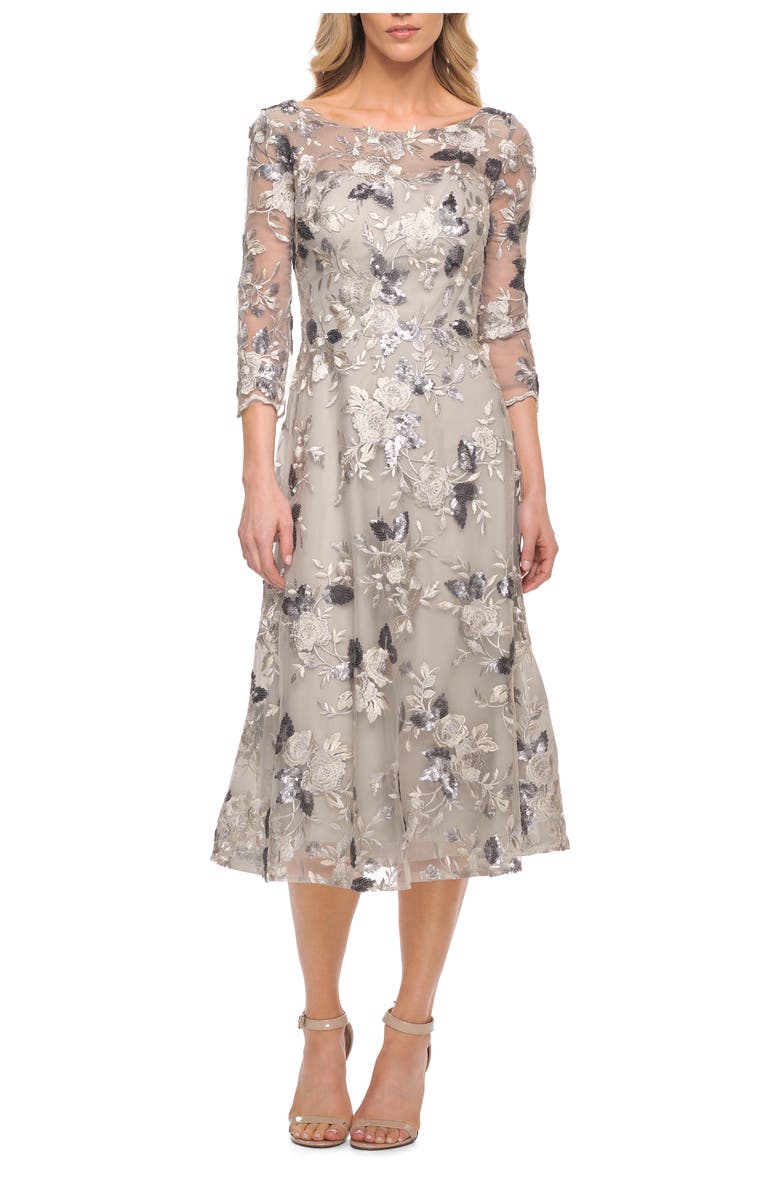 La Femme Tea Length Lace and Sequin Embellished Dress, Alternate, color, Silver