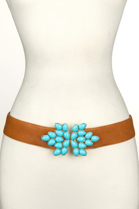 Stones Decorated Flower Buckle Leather Belt