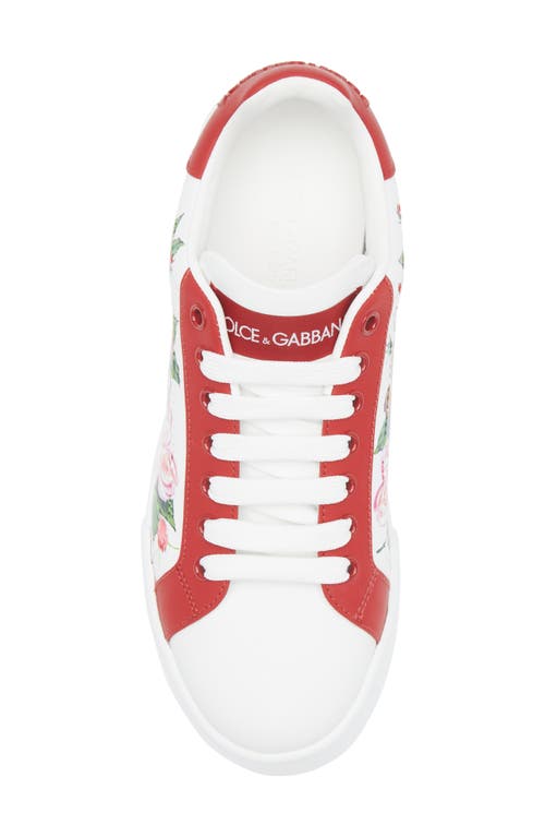Dolce & Gabbana Portofino Painted Flower Leather Sneakers In Ha5pd Fondo Bianco