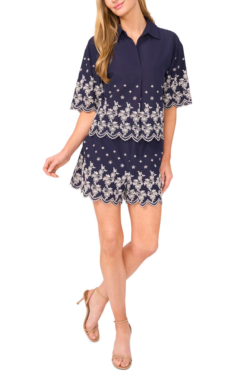 CeCe Floral Embroidery Woven Cotton Shirt, Alternate, color, Night Shade