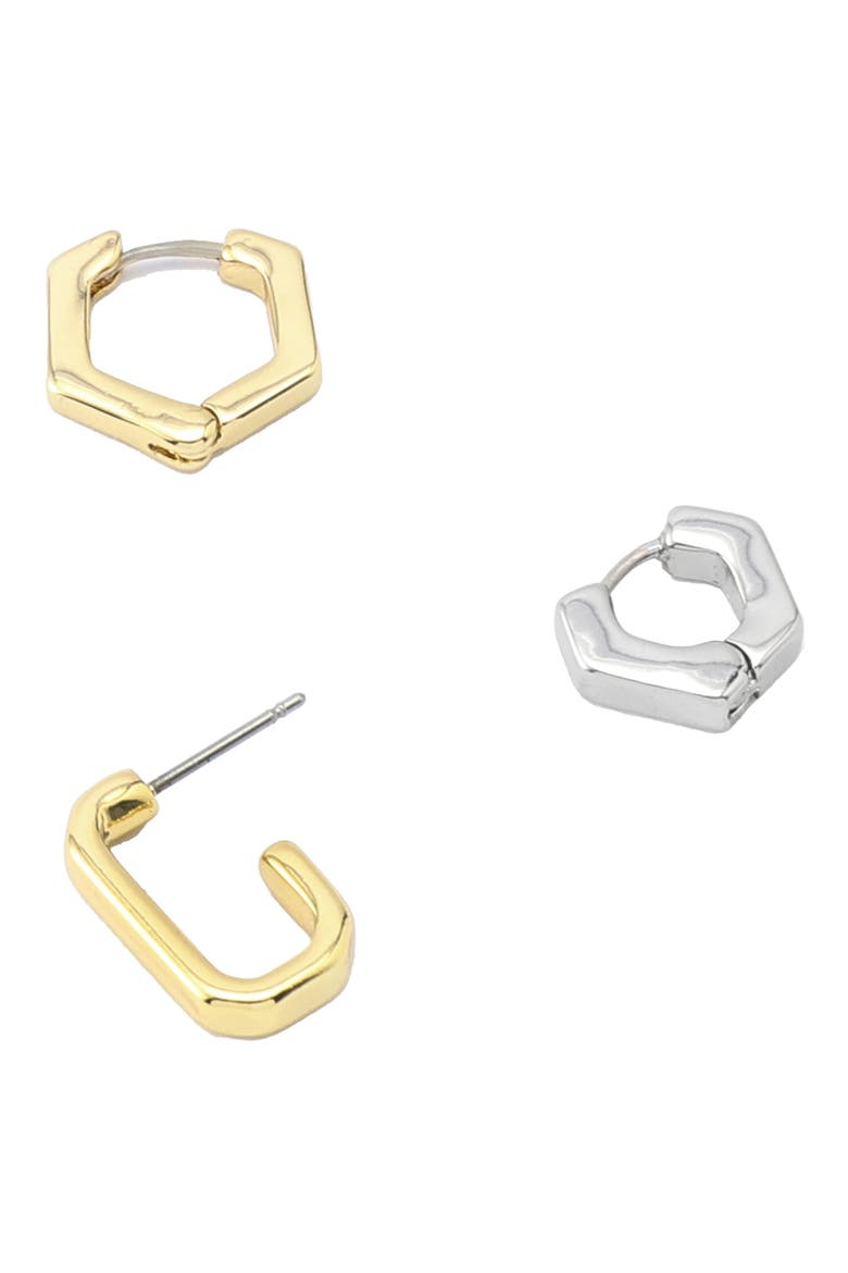 Set of 3 Two-Tone Geometric Huggie Hoop Earrings, Alternate, color, GOLD/ RHODIUM