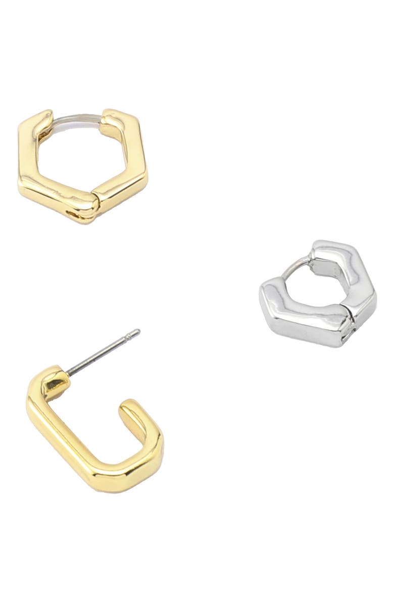 AllSaints Set of 3 Two-Tone Geometric Huggie Hoop Earrings, Alternate, color, Gold/ Rhodium