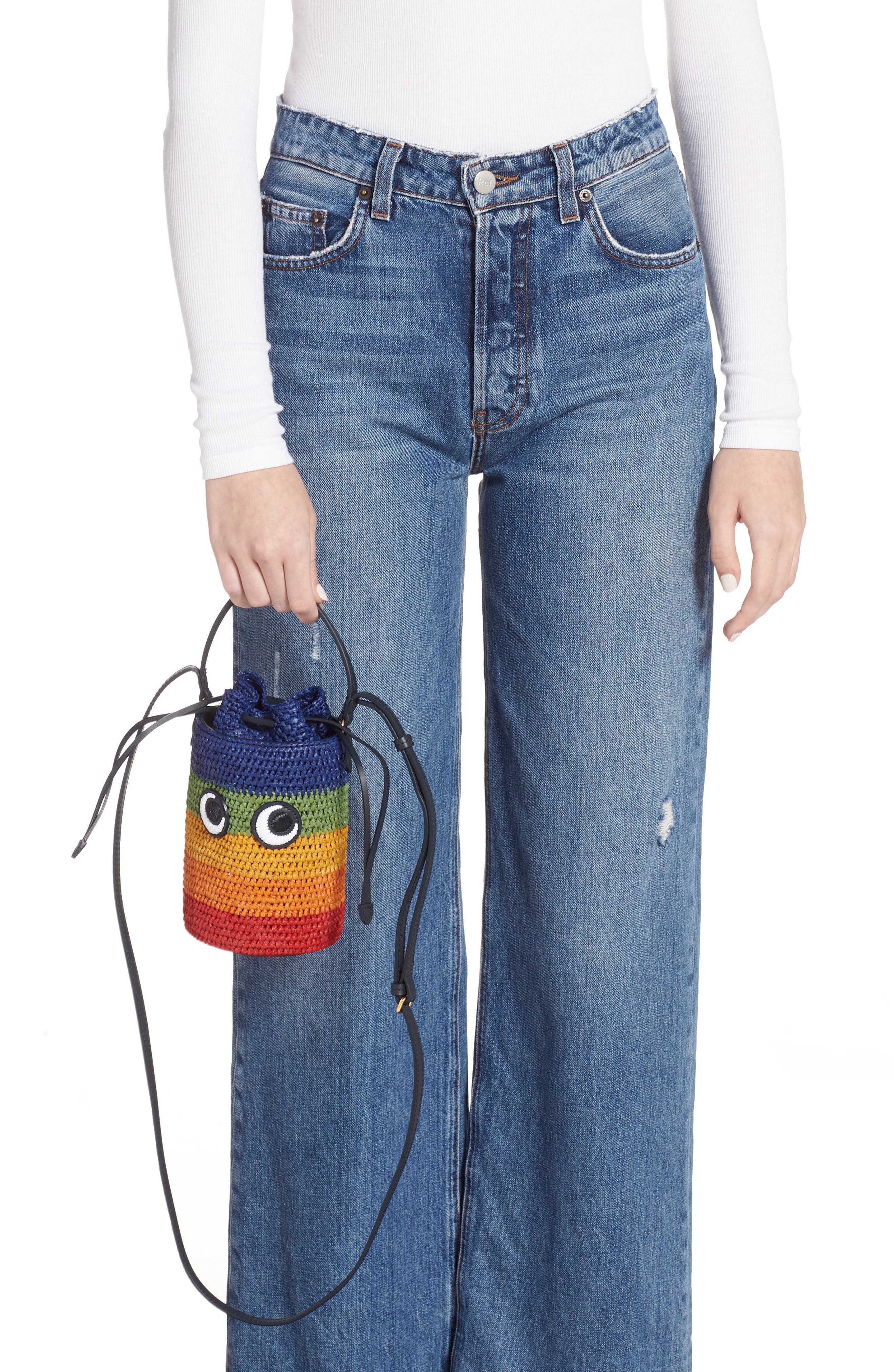 Anya Hindmarch Mini Eyes Raffia Cylinder Crossbody Bag, Alternate, color, 
