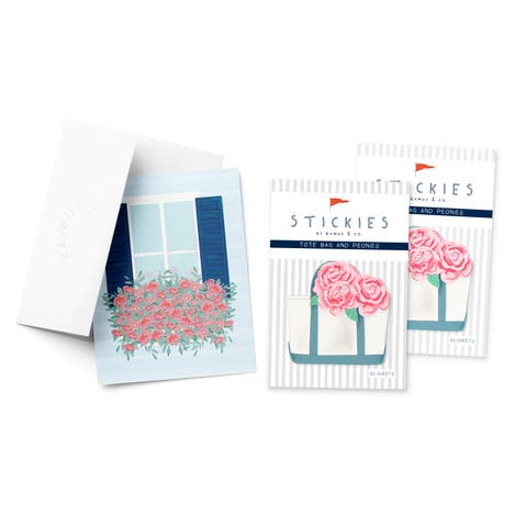 Tote Bag 3" x 3" 50-Sheet Sticky Notes (2-Pack) & Window Peonies Greeting Card Combo