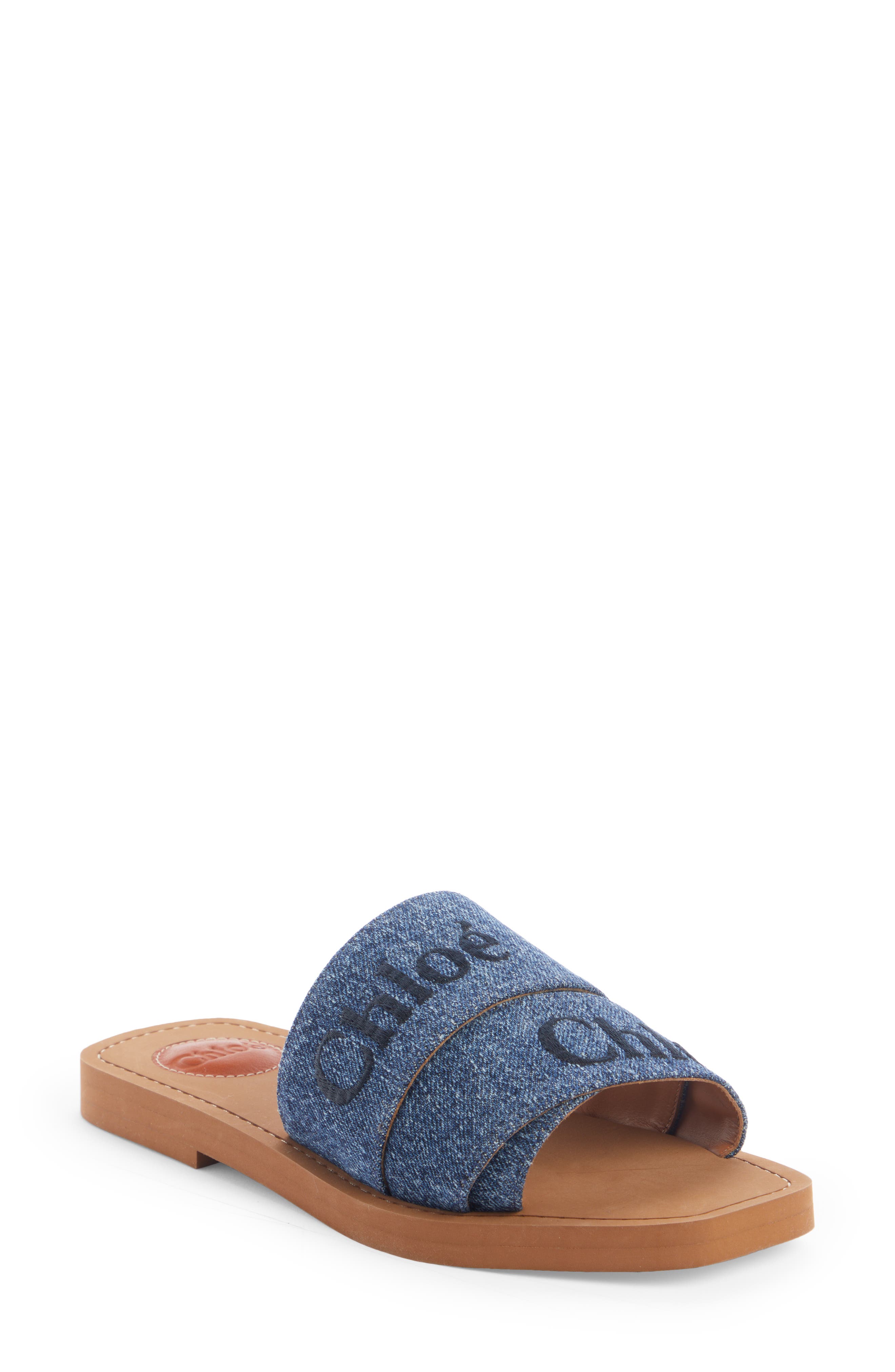 Chloé Woody Logo Denim Slide Sandal, Main, color, 
