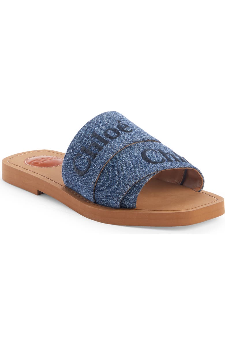 Chloé Woody Logo Denim Slide Sandal, Main, color,