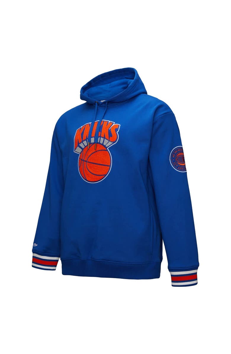 Mitchell & Ness Men's Mitchell & Ness Blue New York Knicks Chainstitch Applique Vintage Heavyweight Pullover Hoodie, Alternate, color, 