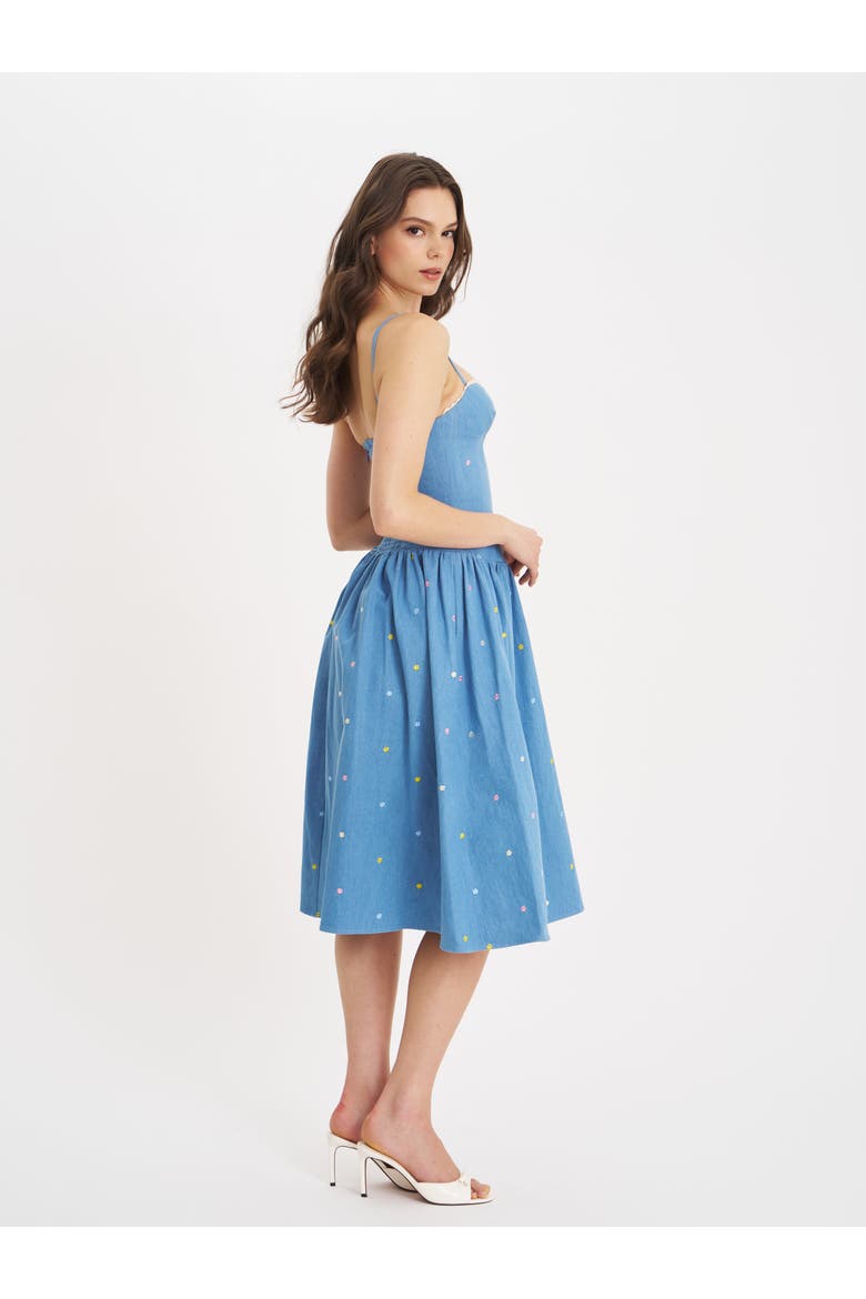 Zadie Denim Drop Waist Embroidery Flower Midi Dress, Alternate, color, Blue