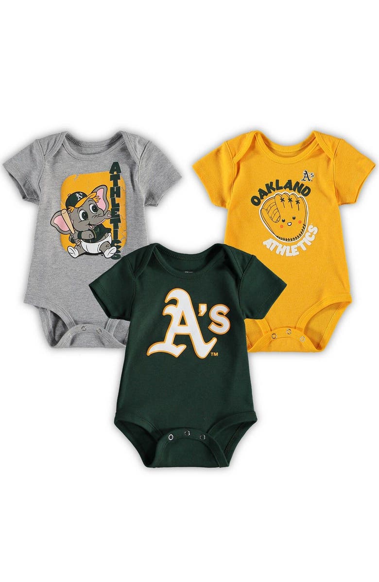 Outerstuff Infant Green/Heathered Gray/Gold Oakland Athletics Change Up 3-Pack Bodysuit Set, Main, color, Green