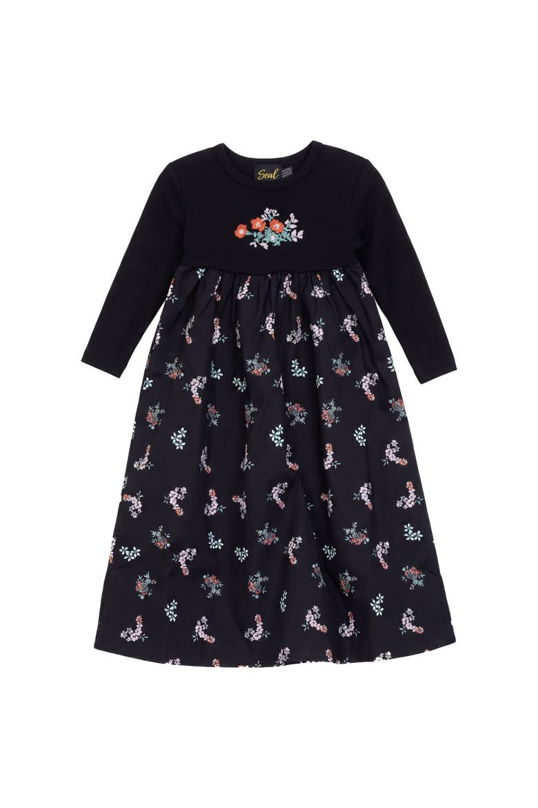 Cotton Woven Floral Embroidered Bodice Lined Long Sleeve Robe, Main, color, Black