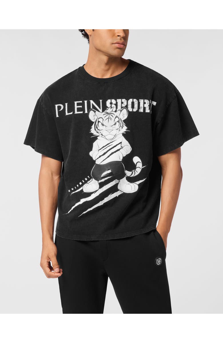 PLEIN SPORT Washed Fleece T-Shirt Scratch Tiger Men, Main, color, Black