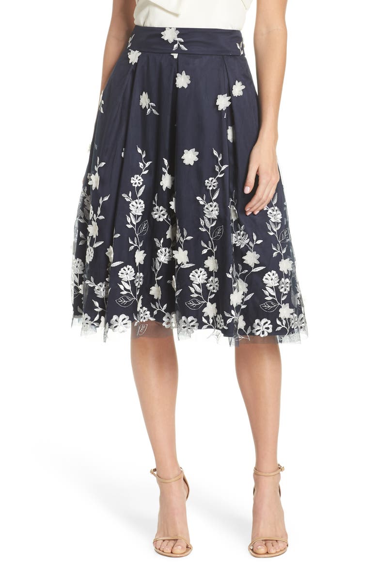 Embroidered A-Line Skirt, Main, color, NAVY IVORY