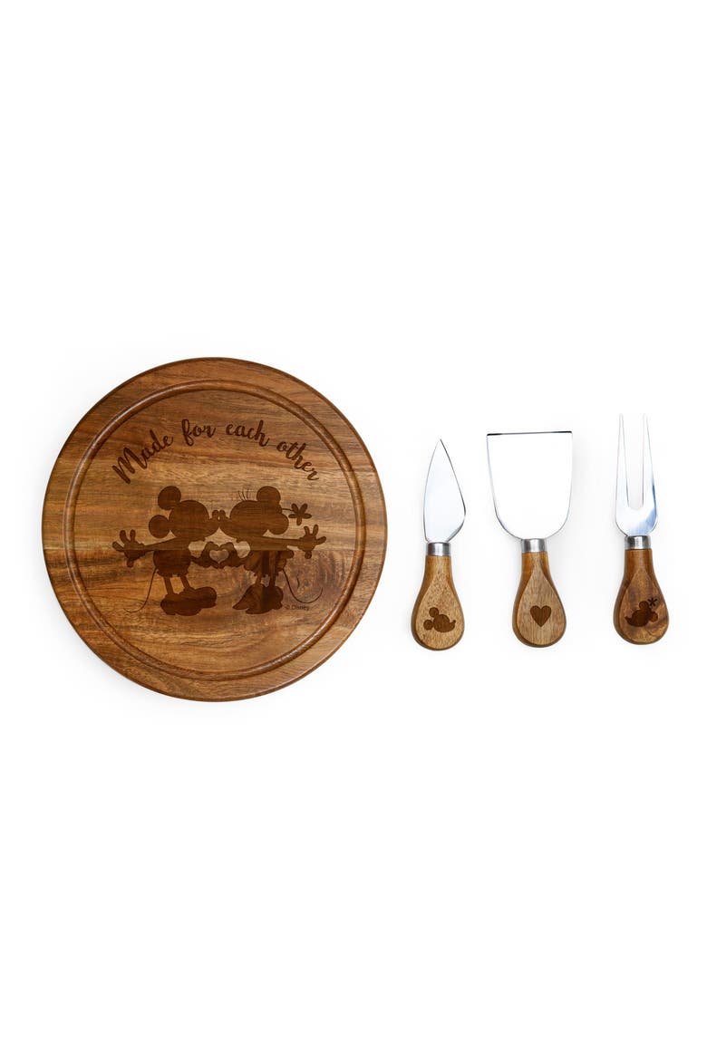 TOSCANA Mickey & Minnie Mouse - Acacia Brie Cheese Cutting Board & Tools Set, Main, color, BROWN