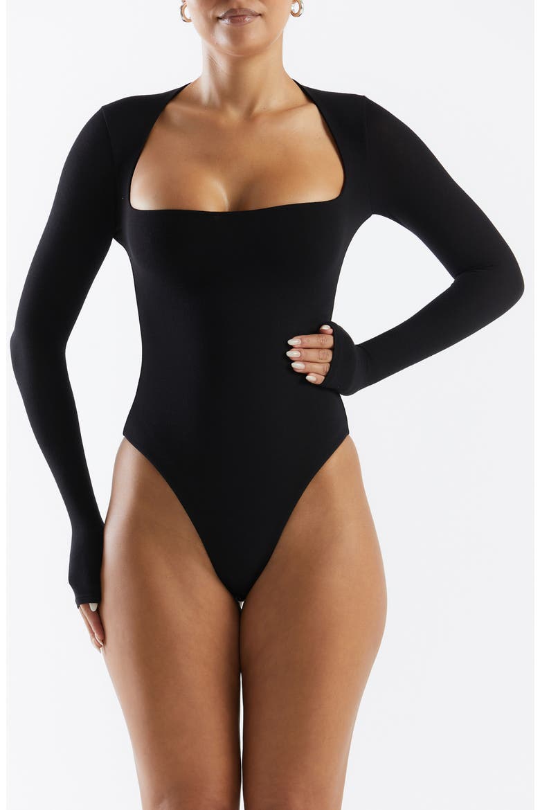 Squared Away Long Sleeve Thong Bodysuit, Alternate, color, BLACK