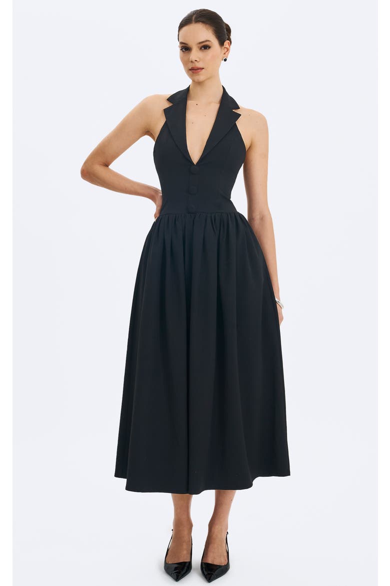 Delaney Lapel Halter Midi A-Line Dress, Main, color, Black