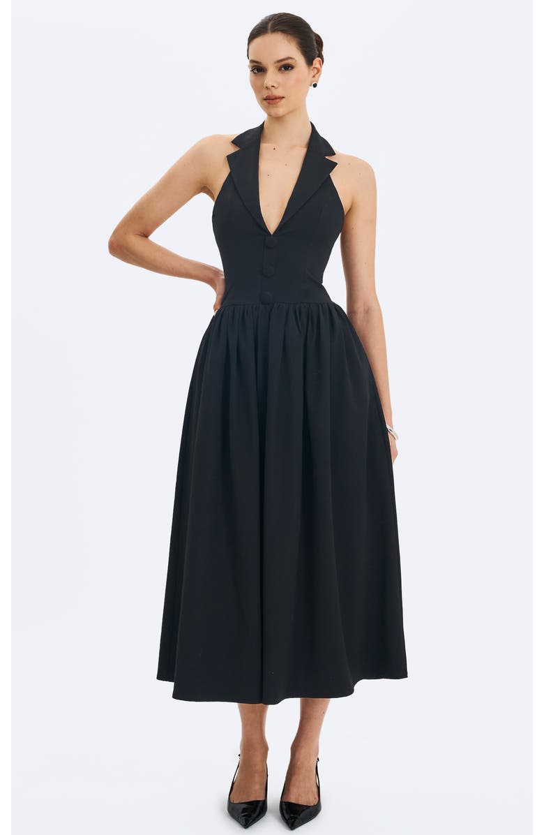 Miss Circle Delaney Lapel Halter Midi A-Line Dress, Main, color, Black