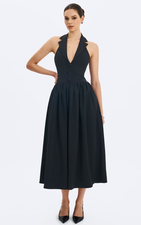 Delaney Lapel Halter Midi A-Line Dress
