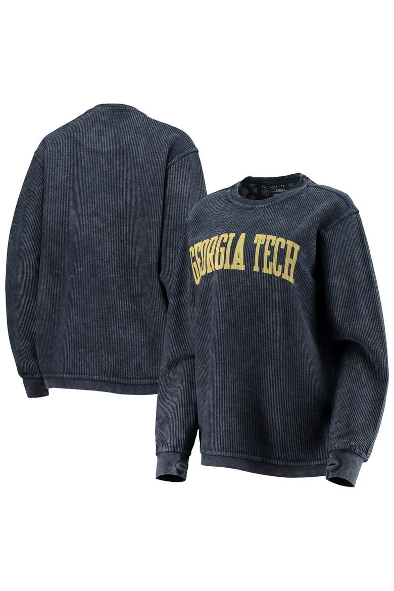 Women's Pressbox Navy Georgia Tech Yellow Jackets Comfy Cord Vintage Wash Basic Arch Pullover Sweatshirt, Main, color, Navy