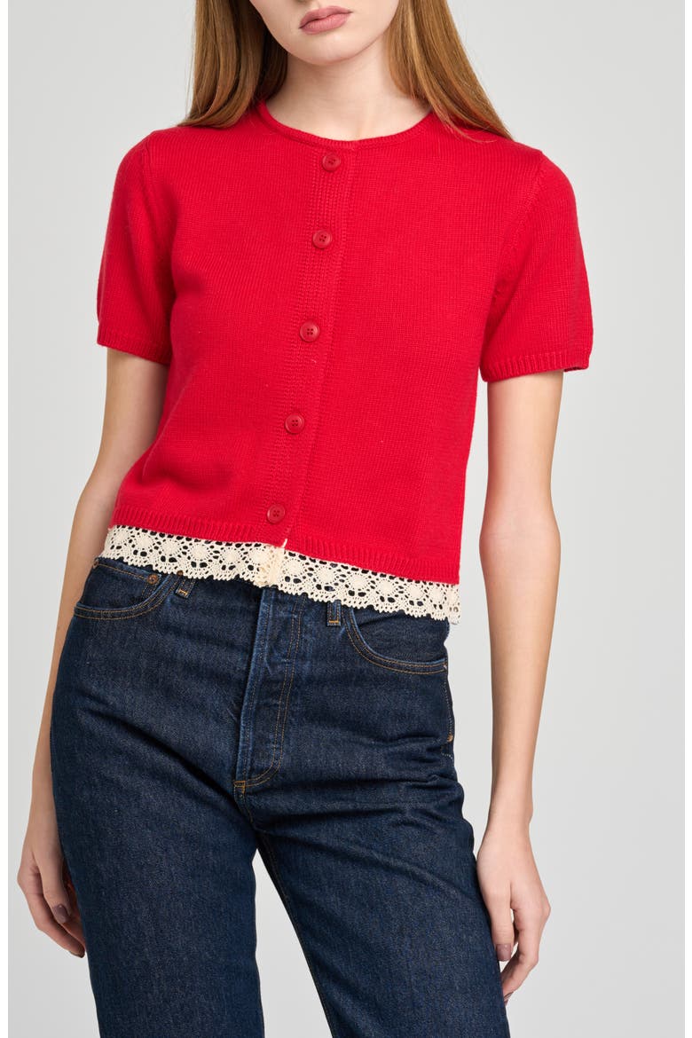 Carine Lace Trim Button Front Cardigan, Main, color, RED