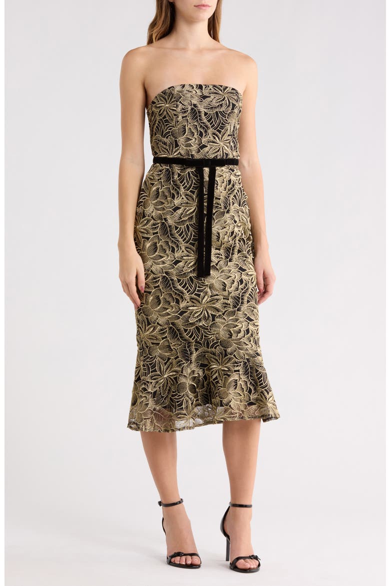 Leaf Embroidered Strapless Dress, Main, color, PLATINUM/ BLACK