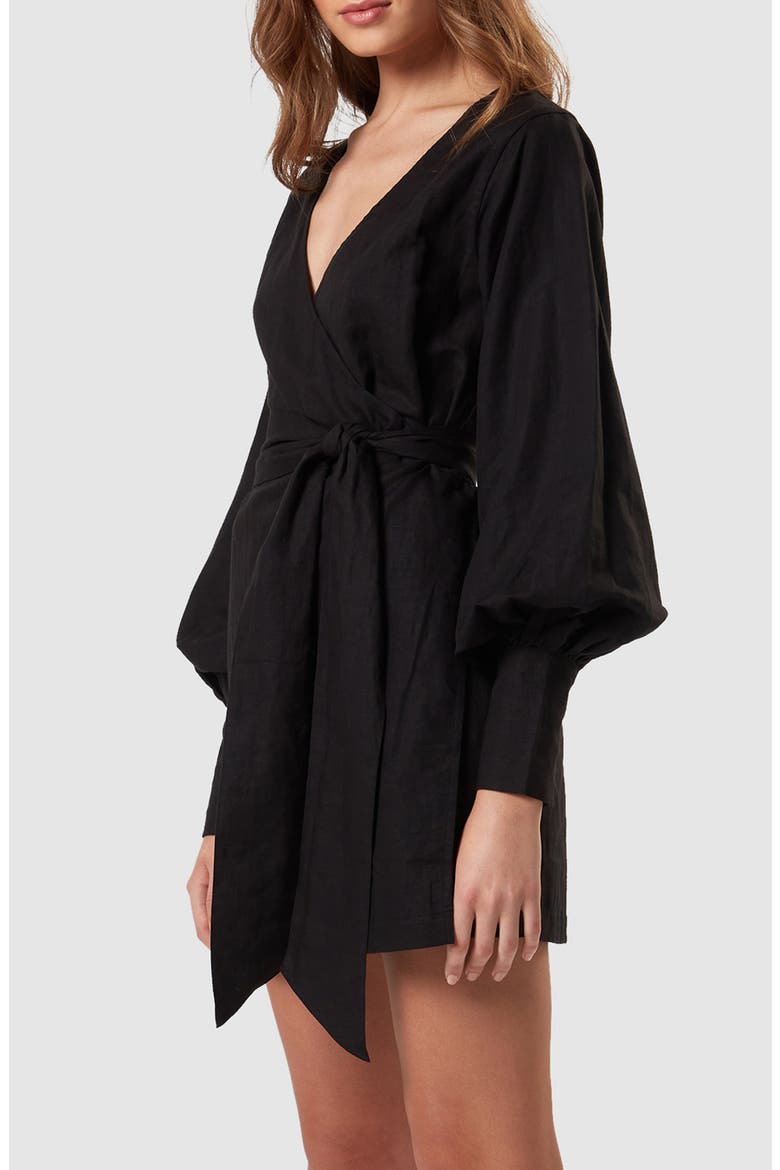 Bella Long Sleeve Wrap Minidress, Alternate, color, BLACK