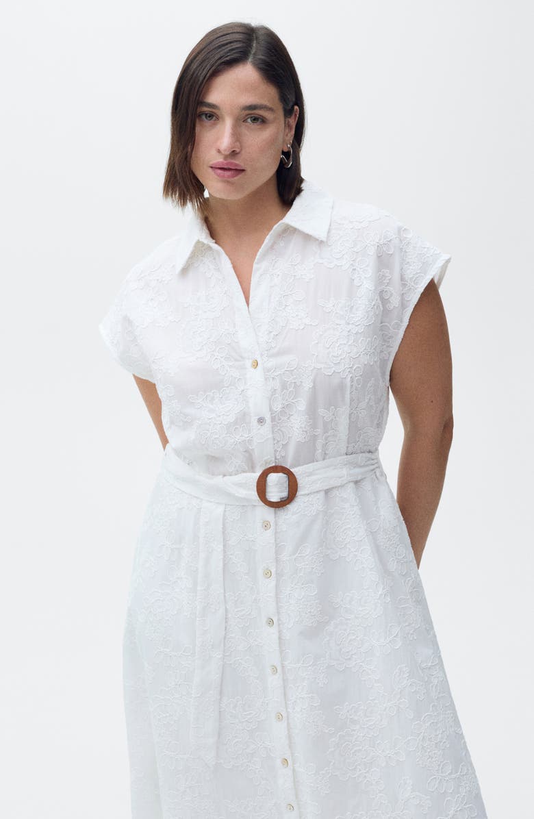 MANGO Floral Embroidered Cap Sleeve Cotton Shirtdress, Alternate, color, White