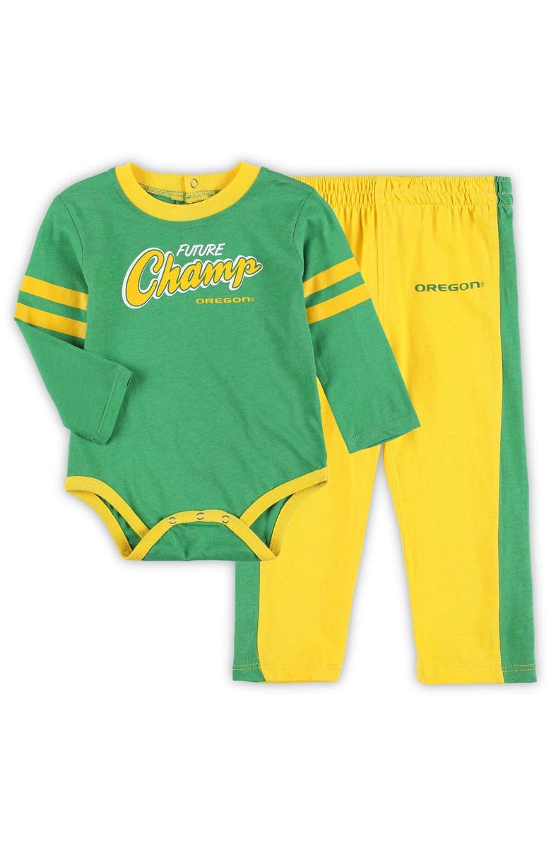 Outerstuff Infant Green/Yellow Oregon Ducks Little Kicker Long Sleeve Bodysuit and Sweatpants Set, Main, color, 