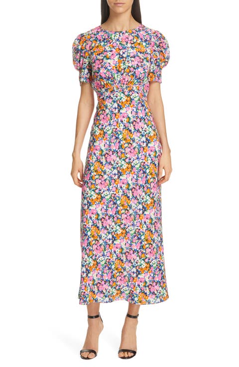 Bianca Puff Sleeve Silk Midi Dress