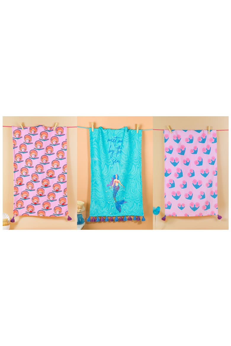 The Mermaid Cove Set of 3 Kitchen Towels, Alternate, color, BLUE/ PINK