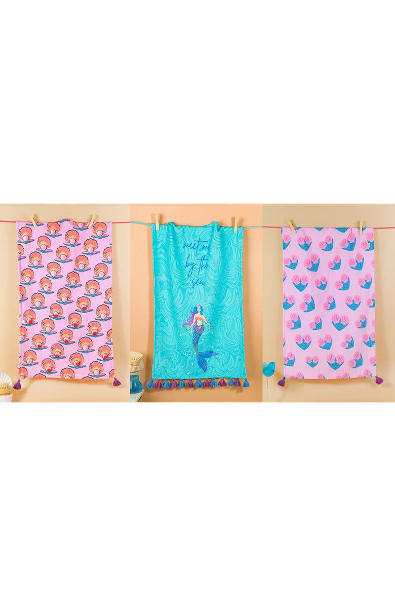 Tiramisu The Mermaid Cove Set of 3 Kitchen Towels, Alternate, color, Blue/ Pink