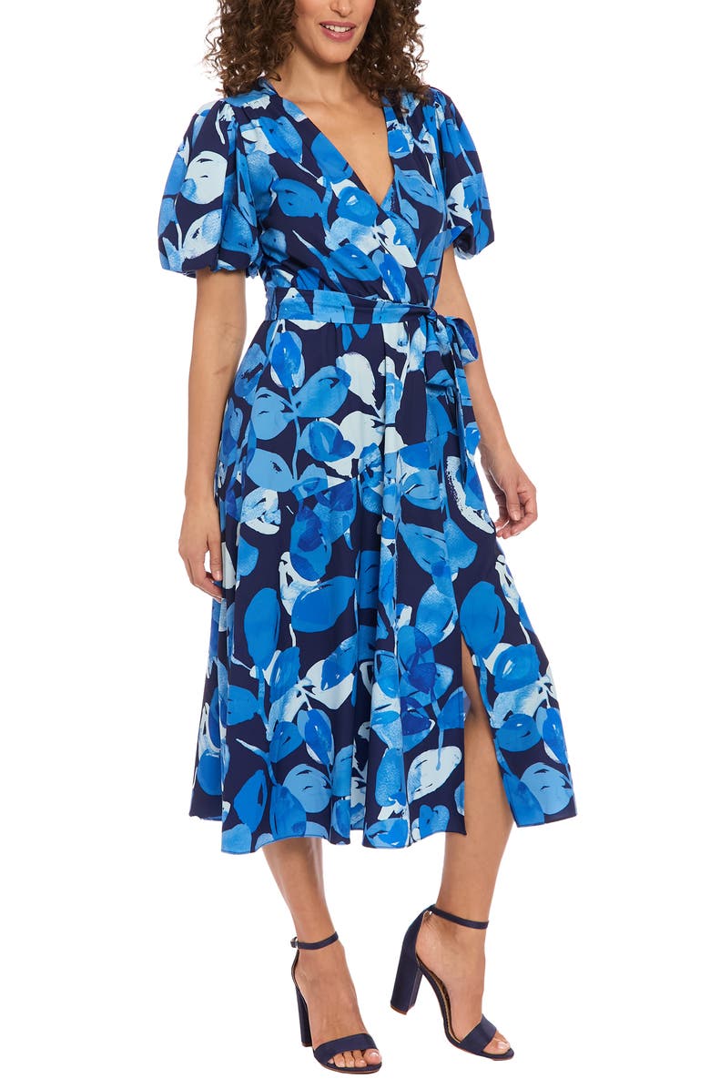 London Times Floral Puff Sleeve Midi Dress, Alternate, color, 