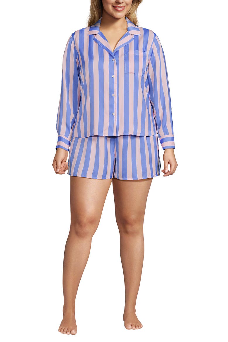 Plus Size Matte Satin 2 Piece Pajama Set - Long Sleeve Top and Shorts, Main, color, Light Rose Pink/Brisk Blue