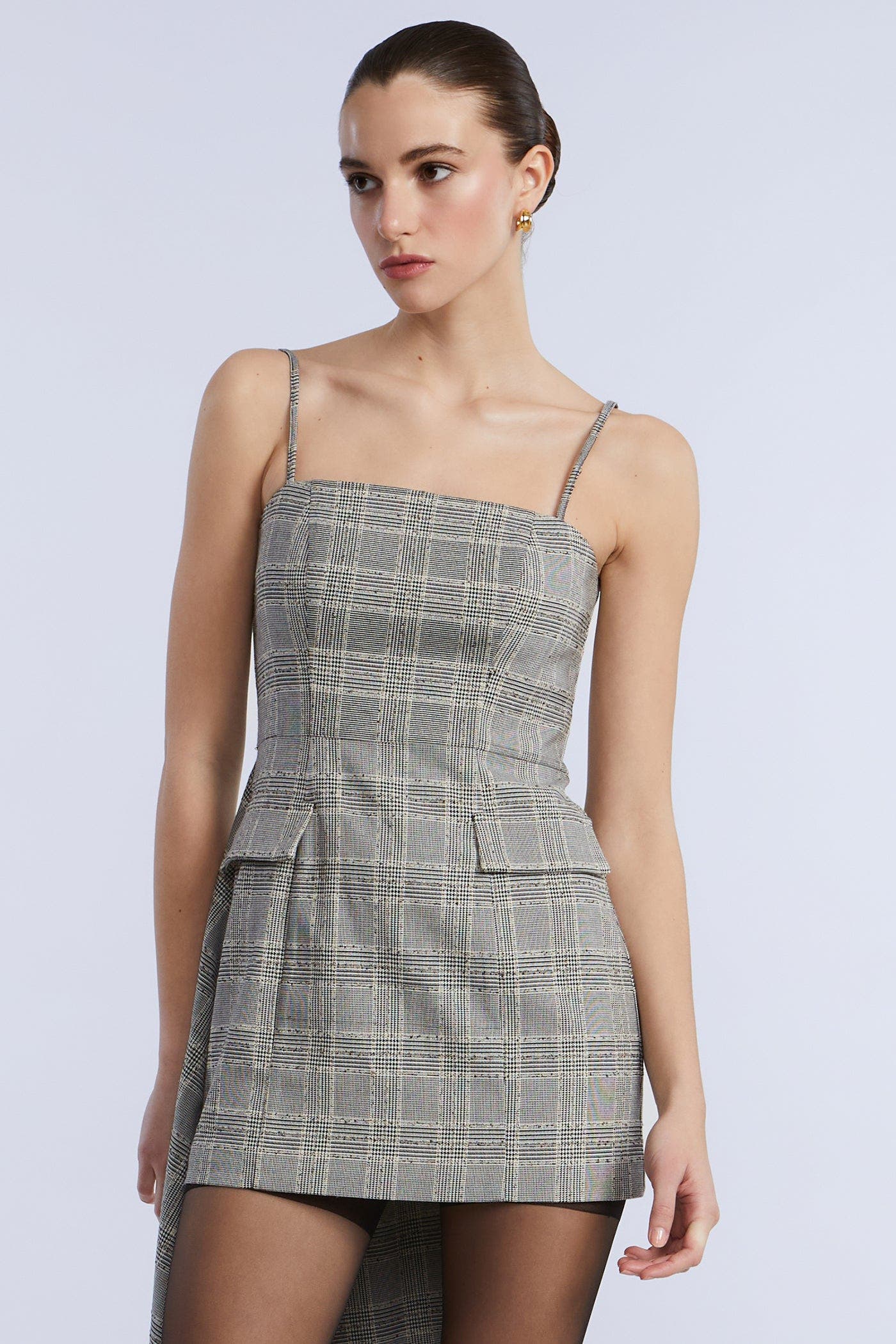 plaid grey dress Vintage Fall Plaid Dress & Satin Blouse Gray