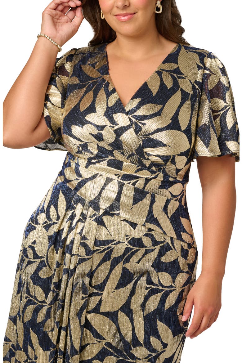Metallic Leaf Jacquard Draped Gown, Alternate, color, NAVY/ GOLD