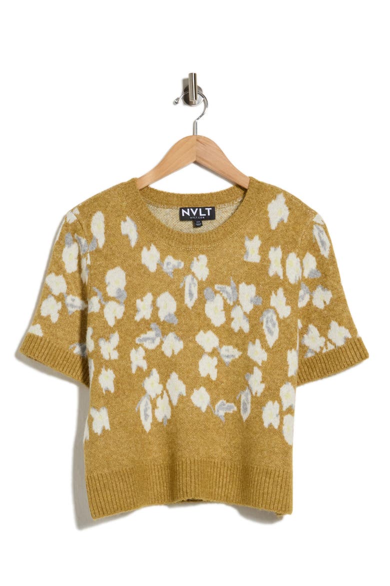 Floral Short Sleeve Sweater, Alternate, color, CHARTREUSE