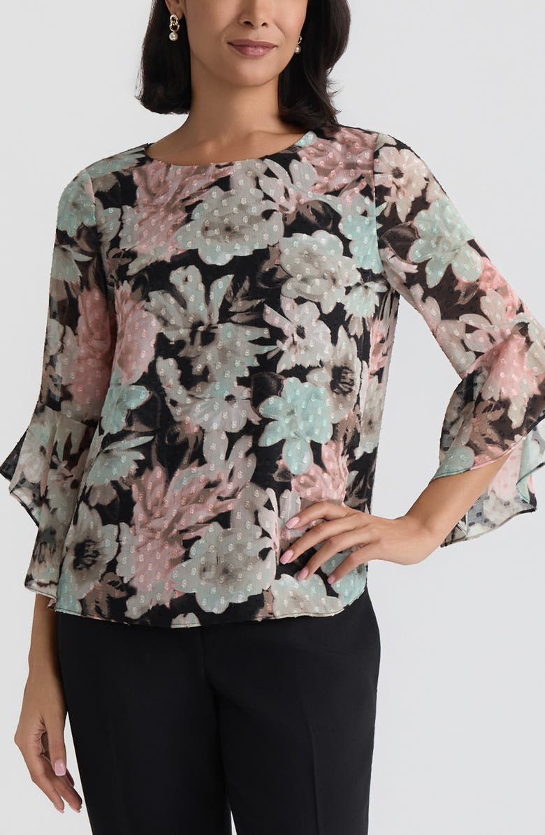 KASPER Blurred Floral Print Clip Dot Top, Main, color,