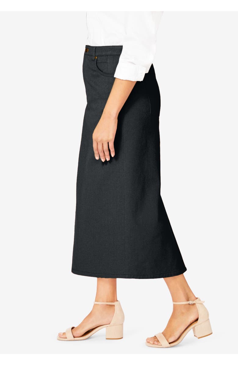 Jessica London Classic Cotton Denim Midi Skirt, Alternate, color, Black