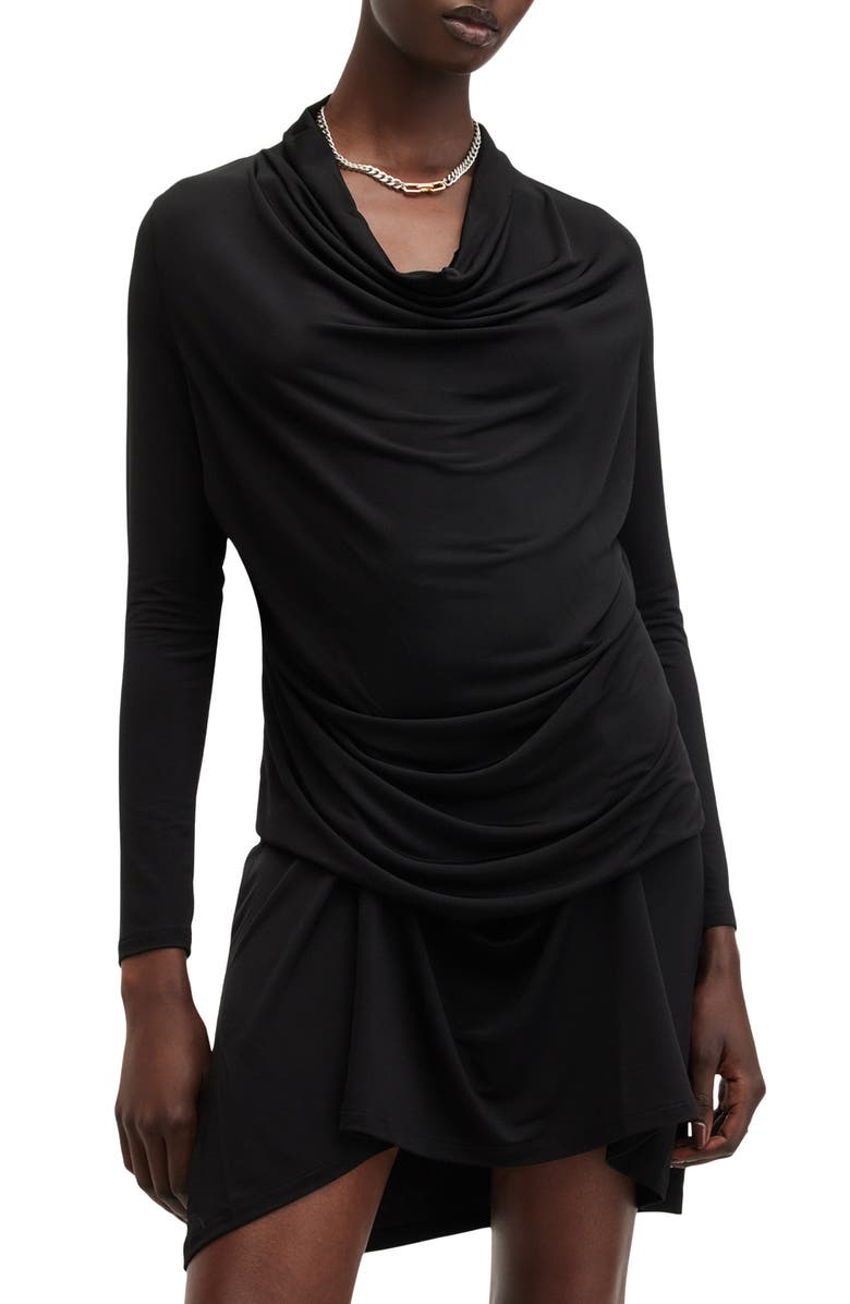 AllSaints Amei Draped Long Sleeve Minidress, Alternate, color, Black
