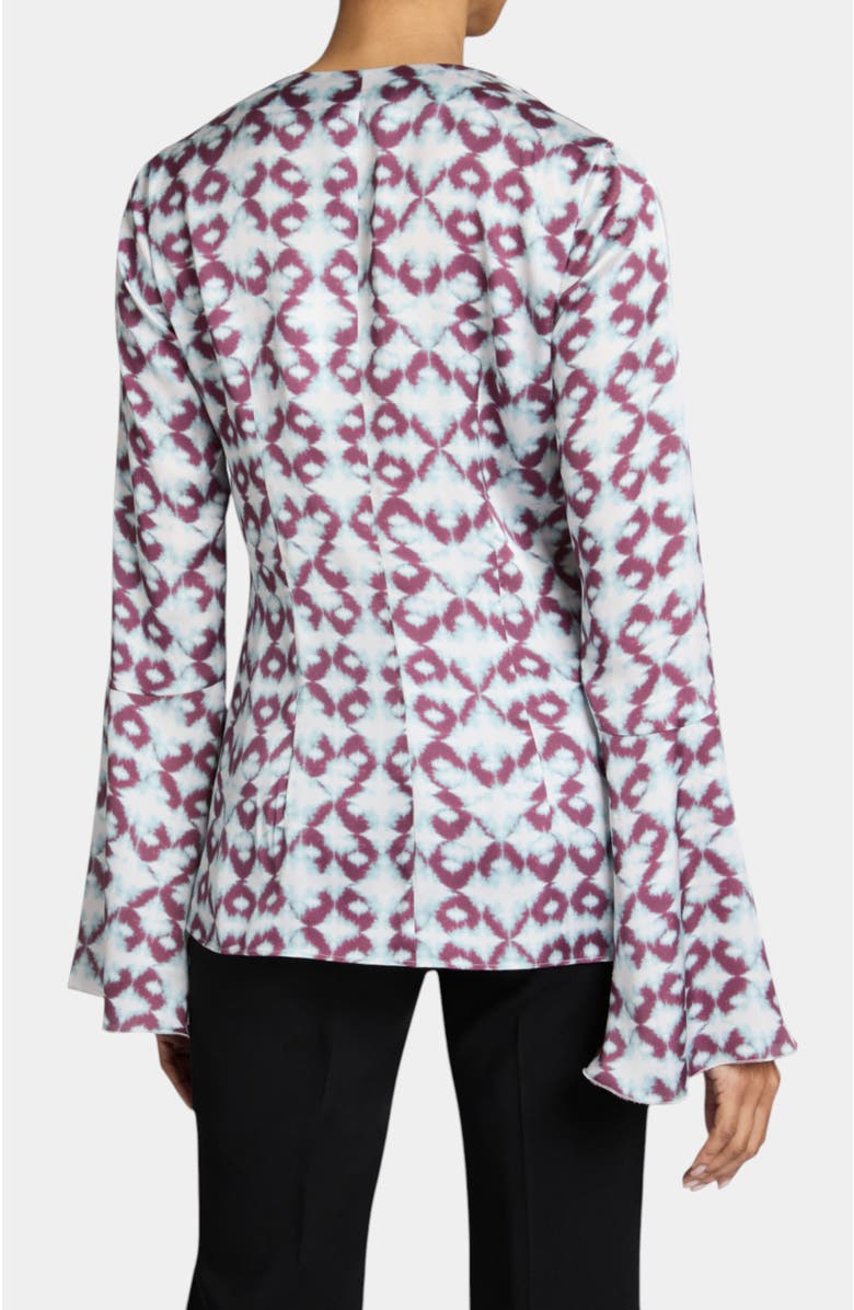 Santorelli SYDNEY Long Sleeve Button Down Blouse with Ruffles in Graphic Printed Charmeuse, Alternate, color, Ocean Mist