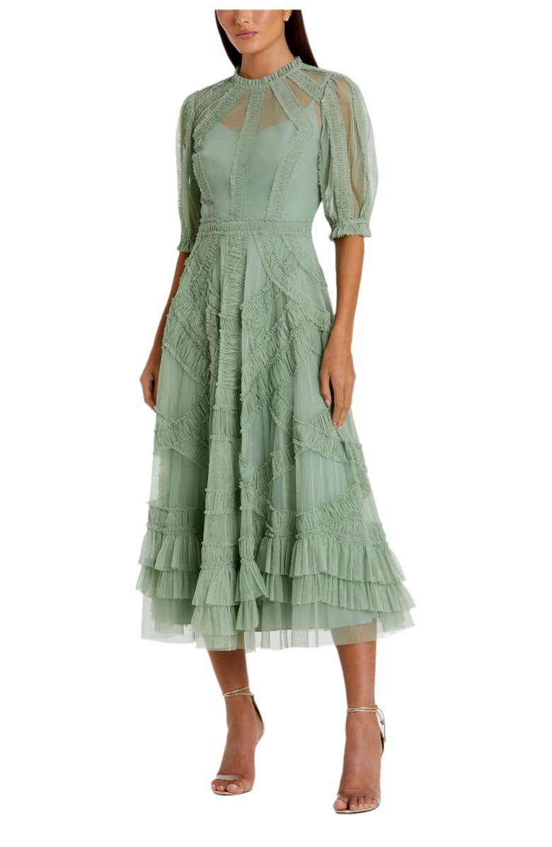Mac Duggal High Neck Puff Sleeve Ruffle Tiered Dress, Main, color, Jade