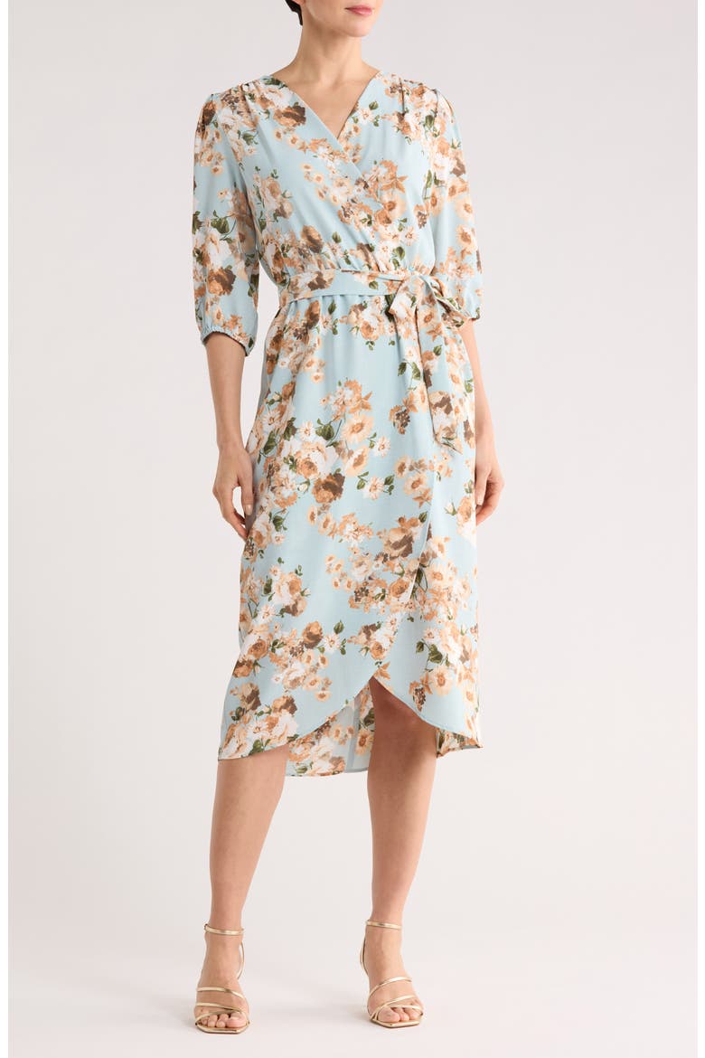 Floral Faux Wrap Midi Dress, Main, color, DUSTY AQUA