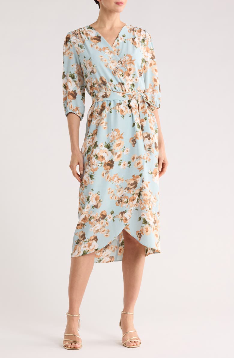 Connected Apparel Floral Faux Wrap Midi Dress, Main, color, Dusty Aqua