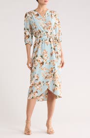 Connected Apparel Floral Faux Wrap Midi Dress