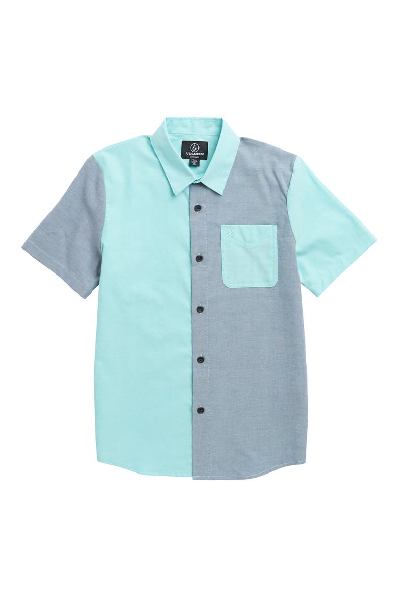 Kids' Satostone Colorblock Short Sleeve Stretch Button-Up Shirt, Main, color, CRETE BLUE