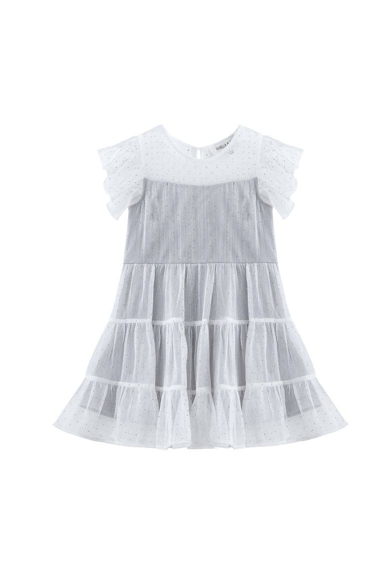Shimmer Shine Flutter Sleeve Polka Dot Tiered Dress, Alternate, color, Silver