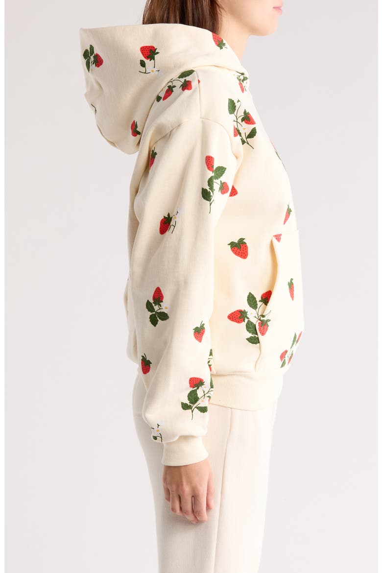 Strawberry Print Cotton Hoodie, Alternate, color, BUTTERCREAM