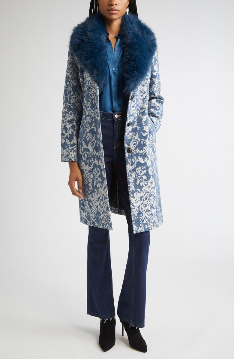 L'AGENCE Laney Metallic Faux Fur Collar Coat, Alternate, color, Dark Blue Stone Jacquard