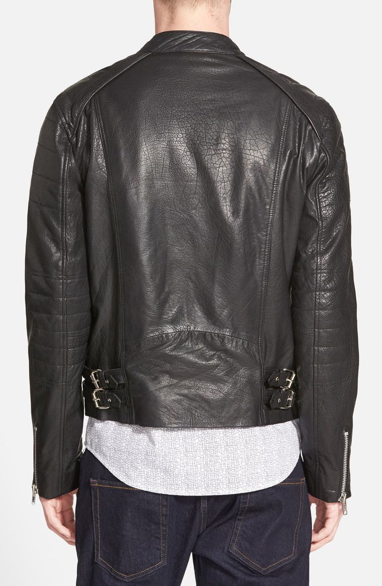 Topman Black Leather Collarless Biker Jacket, Alternate, color,